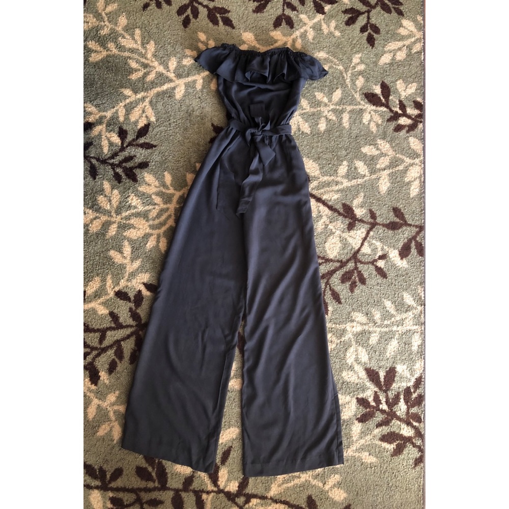 Guess Small ruffled off shoulder jumpsuit